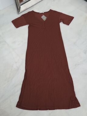 Anthropologie Brown V-Neck Button-Front Maxi Dress With Side Slits. Brand New!!